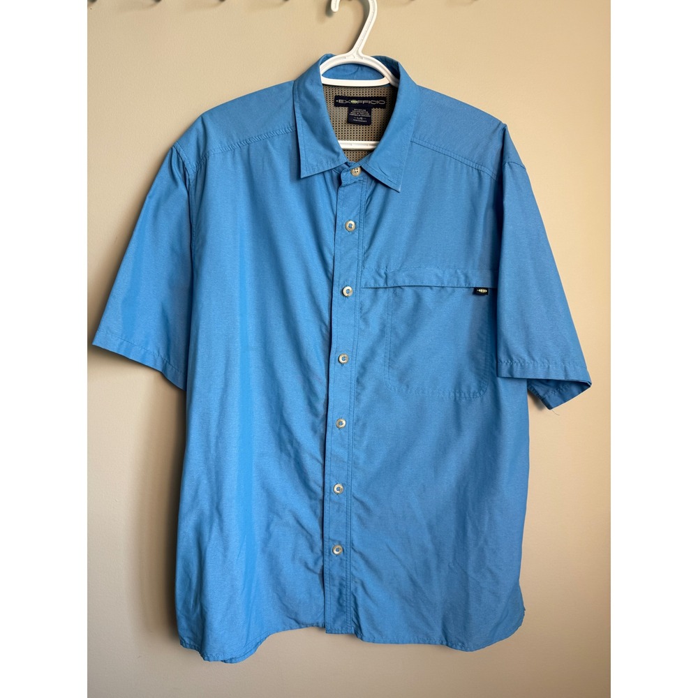 ExOfficio Blue Short Sleeve Hiking Fishing Button Up Shirt L Gorpcore Outdoor